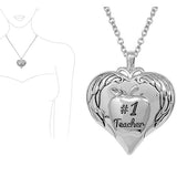 87908, "#1 TEACHER" WITH WINGS HEART SHAPE LONG PENDANT NECKLACE