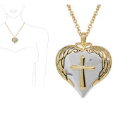 87911, CROSS WITH WINGS HEART SHAPE LONG PENDANT NECKLACE