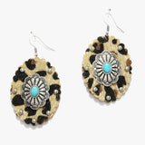 88004, WESTERN OVAL SHAPE COW PRINT FAUX LEATHER EARRING