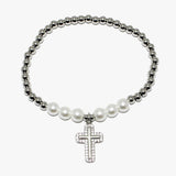 88045, CROSS CHARM PEARL & BEAD STRETCH STAINLESS STEEL BRACELET