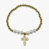 88045, CROSS CHARM PEARL & BEAD STRETCH STAINLESS STEEL BRACELET