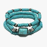 88409, RECTANGLE SEMI PRECIOUS STONE BEAD MULTI LAYERED STRETCH BRACELET