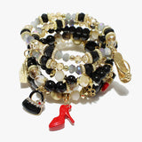 88508, HEEL & HANDBAG CHARM MULTI LAYERED BEAD STRETCH BRACELET
