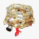 88508, HEEL & HANDBAG CHARM MULTI LAYERED BEAD STRETCH BRACELET