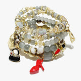 88508, HEEL & HANDBAG CHARM MULTI LAYERED BEAD STRETCH BRACELET