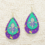 88519, FLEUR DE LIS PRINT MARDI GRAS TEARDROP EARRING