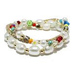 89097, FRESHWATER PEARL & FLOWER ACCENT MULTI LAYERED STRETCH BRACELET