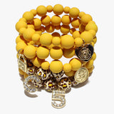 89181, COIN MULTI CHARM MULTI LAYERED BEAD STRETCH BRACELET