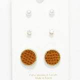 89193, ROUND FAUX LEATHER STUD EARRING SET