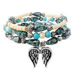 89689, WING CHARM TURQUOISE STONE MULTI LAYERED STRETCH BRACELET