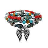 89689, WING CHARM TURQUOISE STONE MULTI LAYERED STRETCH BRACELET