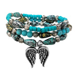 89689, WING CHARM TURQUOISE STONE MULTI LAYERED STRETCH BRACELET