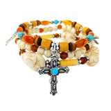 89690, CROSS CHARM TURQUOISE STONE MULTI LAYERED STRETCH BRACELET