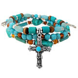 89690, CROSS CHARM TURQUOISE STONE MULTI LAYERED STRETCH BRACELET