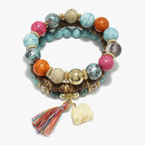 89710, ELEPHANT CHARM MULTI LAYERED BEADED STRETCH BRACELET