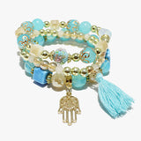 89711, HAMSA CHARM MULTI LAYERED BEADED STRETCH BRACELET