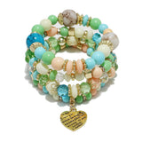 89724, HEART CHARM MULTI LAYERED BEADED STRETCH BRACELET