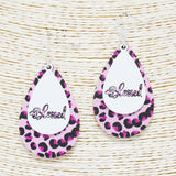 89913, "BLESSED" LEOPARD PRINT TEARDROP WOOD EARRING