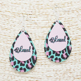 89913, "BLESSED" LEOPARD PRINT TEARDROP WOOD EARRING