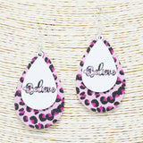 89914, "BELIEVE" LEOPARD PRINT TEARDROP WOOD EARRING