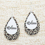 89914, "BELIEVE" LEOPARD PRINT TEARDROP WOOD EARRING