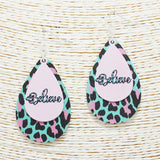 89914, "BELIEVE" LEOPARD PRINT TEARDROP WOOD EARRING