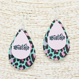 89915, "FAITH" LEOPARD PRINT TEARDROP WOOD EARRING