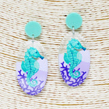 90104, SEAHORSE PRINT OVAL ACRYLIC EARRING