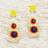 90105, SUNFLOWER PRINT TEARDROP ACRYLIC EARRING