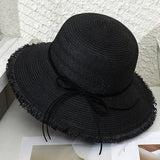 90149, SOLID COLOR FRAYED RIBBON TRIM BOWLER HAT