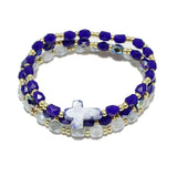 90303, CROSS TURQUOISE STONE ACCENT MULTI LAYERED BEADED STRETCH BRACELET, RELIGIOUS