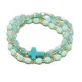 90303, CROSS TURQUOISE STONE ACCENT MULTI LAYERED BEADED STRETCH BRACELET, RELIGIOUS