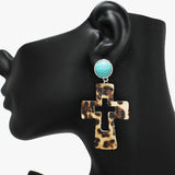 90587, LEOPARD PRINT FAUX LEATHER CROSS EARRING, WESTERN, RELIGIOUS