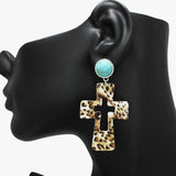 90587, LEOPARD PRINT FAUX LEATHER CROSS EARRING, WESTERN, RELIGIOUS