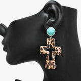 90587, LEOPARD PRINT FAUX LEATHER CROSS EARRING, WESTERN, RELIGIOUS