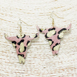 90625, GOLD GLITTER ACCENT STEER HEAD MOHAIR FAUX LEATHER EARRING, WESTERN, BULL HEAD