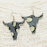 90625, GOLD GLITTER ACCENT STEER HEAD MOHAIR FAUX LEATHER EARRING, WESTERN, BULL HEAD