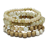 90774, MULTI LAYERED WOOD & BEADED STRETCH BRACELET