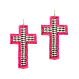 90824, CROSS SEED BEADED & RHINESTONE EARRING, RELIGIOUS