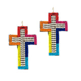 90824, CROSS SEED BEADED & RHINESTONE EARRING, RELIGIOUS