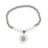 90968, CROSS CHARM STAINLESS STEEL BALL & PEARL BEAD STRETCH BRACELET, RELIGIOUS
