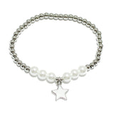 90969, STAR CHARM STAINLESS STEEL BALL & PEARL BEAD STRETCH BRACELET