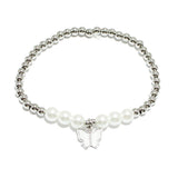 90970, BUTTERFLY CHARM STAINLESS STEEL BALL & PEARL BEAD STRETCH BRACELET, GARDEN