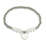 90971, HEART CHARM STAINLESS STEEL BALL & PEARL BEAD STRETCH BRACELET, VALENTINE'S DAY