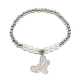 90972, MULTI PAVE HEART CHARM STAINLESS STEEL BALL & PEARL BEAD STRETCH BRACELET, VALENTINE'S DAY