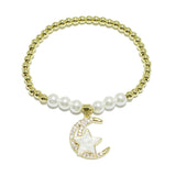 90976, CRESCENT MOON & STAR CHARM STAINLESS STEEL BALL & PEARL BEAD STRETCH BRACELET