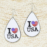 90998, I LOVE USA AMERICAN FLAG STAR FAUX LEATHER DANGLE EARRING, JULY 4TH, INDEPENDENCE DAY