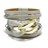 91002, CELLULOID ACETATE ACCENT FAUX LEATHER MULTILAYER WRAP MAGNETIC CLOSURE BRACELET