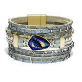 91007, NATURAL CUT STONE ACCENT FAUX LEATHER MULTILAYER WRAP MAGNETIC CLOSURE BRACELET