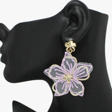 91054, FABRIC FLOWER WITH RHINESTONE DANGLE EARRING